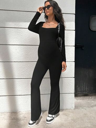 OYOANGLE Women's Maternity Ribbed Knit Square Neck Long Sleeve Flare Leg Long Romper Pants Jumpsuit in Saudi Arabia