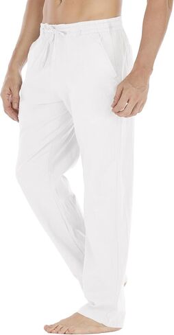 بنطلون كتان خفيف الوزن مقاوم للانكماش للرجال من Durzasvo كاجوال صيفي برباط خصر مرن من الكتان للشاطئ أبيض فاتح مقاس XL in Kuwait