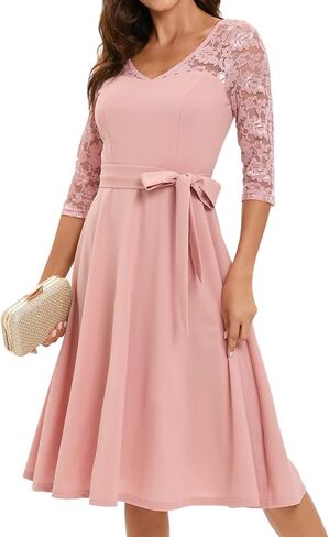 فستان Bbonlinedress نسائي طويل الأكمام رسمي عتيق لحفلات الكوكتيل وحفلات الزفاف للضيوف ورقبة على شكل حرف V على شكل حرف A سوينغ متوسط ​​الطول in Kuwait