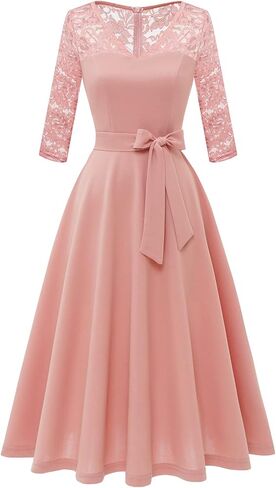 فستان Bbonlinedress نسائي طويل الأكمام رسمي عتيق لحفلات الكوكتيل وحفلات الزفاف للضيوف ورقبة على شكل حرف V على شكل حرف A سوينغ متوسط ​​الطول in Kuwait