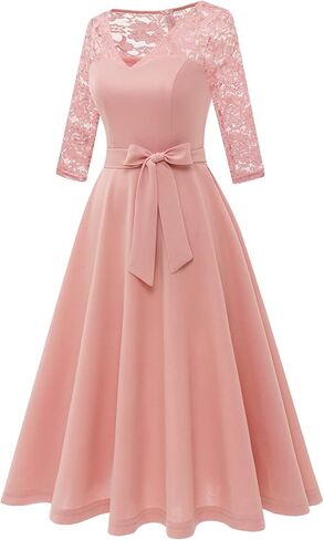 فستان Bbonlinedress نسائي طويل الأكمام رسمي عتيق لحفلات الكوكتيل وحفلات الزفاف للضيوف ورقبة على شكل حرف V على شكل حرف A سوينغ متوسط ​​الطول in Kuwait