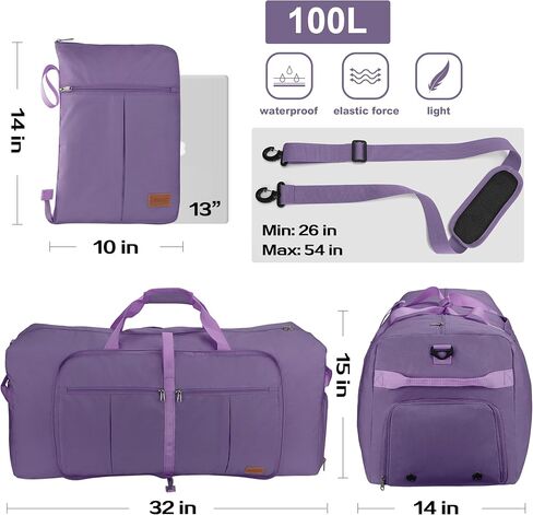 100L Travel Duffle Bag for Men, 32" Large Duffel Bag for Travel with Shoe Compartment Foldable Overnight Travel Weekender Bag Gym Bag for Men Women Waterproof & Tear Resistant (Purple, 100L) in Saudi Arabia