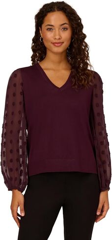 Adrianna Papell Women's V Neck 3/4 Woven Bubble Sleeve Sweater in Saudi Arabia