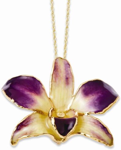Solid Lacquer Dipped Gold Trimmed Purple/Yellow Dendrobium Orchid Pendant Necklace Charm Chain 20" in Saudi Arabia