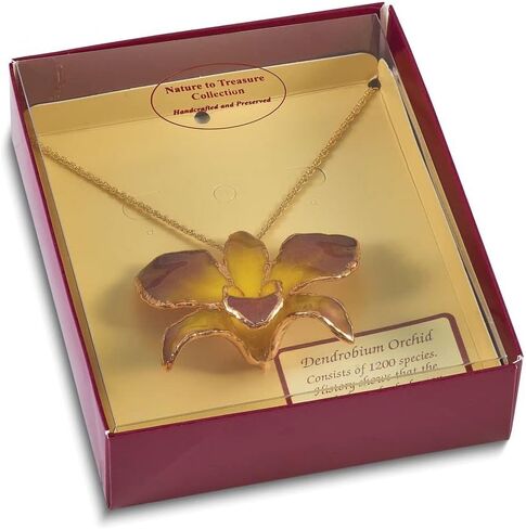 Solid Lacquer Dipped Gold Trimmed Purple/Yellow Dendrobium Orchid Pendant Necklace Charm Chain 20" in Saudi Arabia