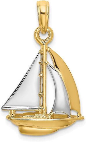Solid 14k White and Yellow Gold Two Toned 3-D and Sailboat Charm Pendant - 23mm x 15mm, Metal in Saudi Arabia