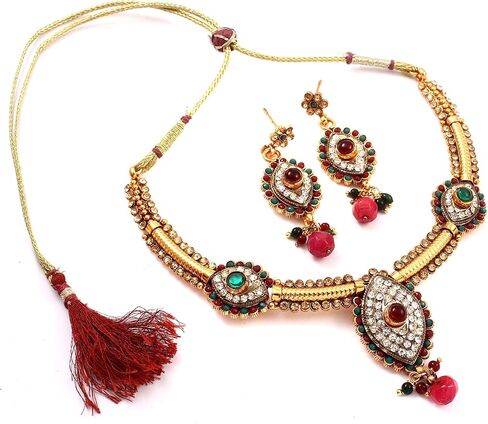 Jewar Necklace Set Ad Cz Gold Plated Two Tone Multi-Stones Indian Jewelry For Women & Girls in Saudi Arabia