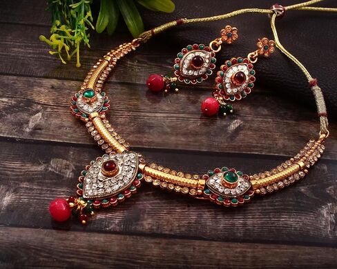 Jewar Necklace Set Ad Cz Gold Plated Two Tone Multi-Stones Indian Jewelry For Women & Girls in Saudi Arabia