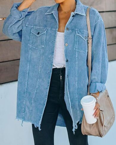 Kedera Women's Retro Distressed Corduroy Shacket Jacket Oversized Midi-Long Fringe Fall Winter Shirt Coats in Saudi Arabia