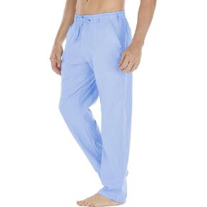 سراويل Durzasvo الرجالية خفيفة الوزن مقاومة للانكماش من الكتان كاجوال صيفية برباط خصر مرن من الكتان للشاطئ أزرق فاتح L in Kuwait