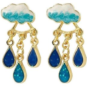 Raindrop & Rainy Cloud Earrings Gold Jewelry Ear Jackets For Women Girls Hand Drawn Enamel Earrings Jewelry 925 Sterling Silver Hypoallergenic Gift