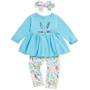 bilison Toddler Baby Girl Easter Outfit Sets Cute Long Sleeve Dress Top Bunny Floral Pants Girl Easter Clothes Sets