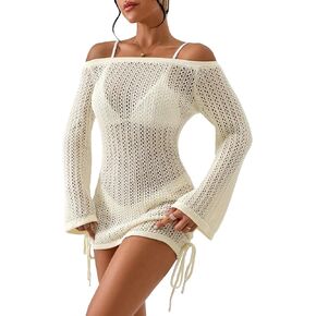 GORGLITTER Women's Hollow Out Cover Up Dress Drawstring Side Off Shoulder Long Sleeve Beach Dress