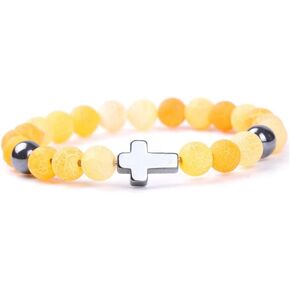 Christian Gifts for Women Cross Bracelet Catholic Religious Jewelry Gifts for Women Godmother Fashion Cross Beads Bracelet Natural Stone Stretch Elastic Bracelet