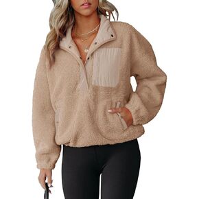 سترة Doshoop النسائية المصنوعة من الصوف الشيربا كاجوال ناعمة بأكمام طويلة مع جيوب باللون الكاكي in Kuwait