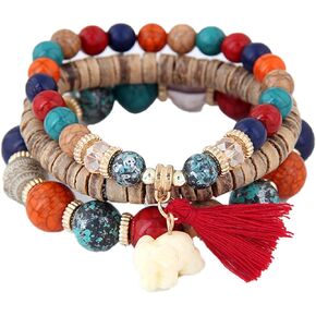 Caiyao Bohemian Stackable Wood Wooden Beads Elephant Charm Tassel Stretchy Bracelet Set for Women Men Girl Boy Teen Multilayered Multicolor Acrylic Resin Seeds Bracelet Ethnic Jewelry Gift