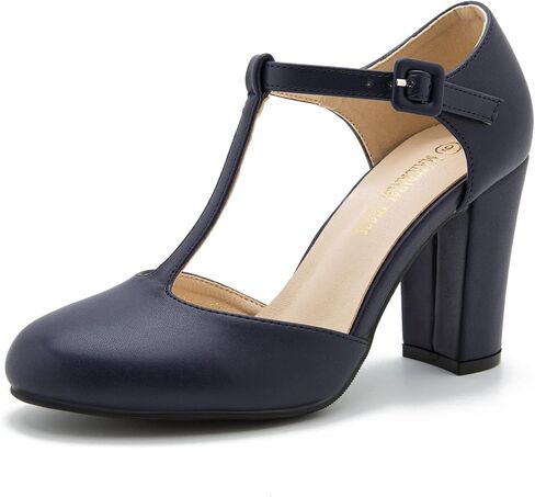 Women's T-Strap Mary Jane Pumps, Chunky Heel, Vintage Style, Cut Out, 3.54 Inch Round Toe Dress Shoes in Saudi Arabia