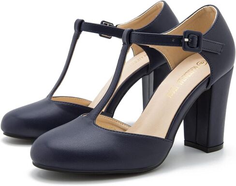 Women's T-Strap Mary Jane Pumps, Chunky Heel, Vintage Style, Cut Out, 3.54 Inch Round Toe Dress Shoes in Saudi Arabia