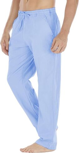 سراويل Durzasvo الرجالية خفيفة الوزن مقاومة للانكماش من الكتان كاجوال صيفية برباط خصر مرن من الكتان للشاطئ أزرق فاتح L in Kuwait