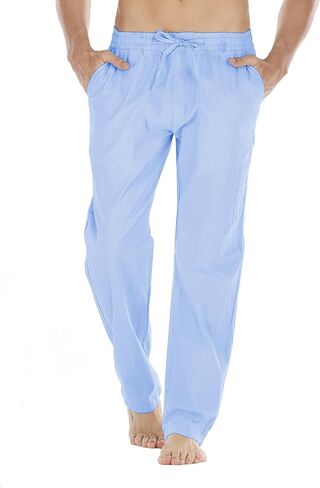 سراويل Durzasvo الرجالية خفيفة الوزن مقاومة للانكماش من الكتان كاجوال صيفية برباط خصر مرن من الكتان للشاطئ أزرق فاتح L in Kuwait