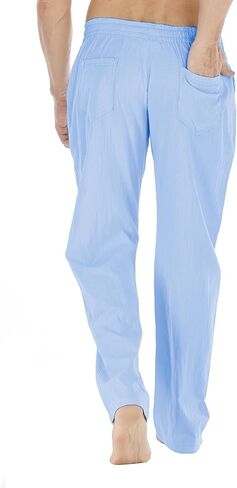 سراويل Durzasvo الرجالية خفيفة الوزن مقاومة للانكماش من الكتان كاجوال صيفية برباط خصر مرن من الكتان للشاطئ أزرق فاتح L in Kuwait