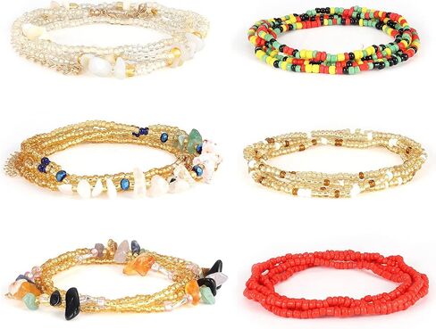 SAILIMUE 6 قطع سلاسل خرز الخصر للبطن للنساء سلاسل الخصر القابلة للتعديل أحجار ملونة مرنة أفريقية مثيرة بيكيني الشاطئ سلاسل الجسم مجوهرات الجسم in Kuwait