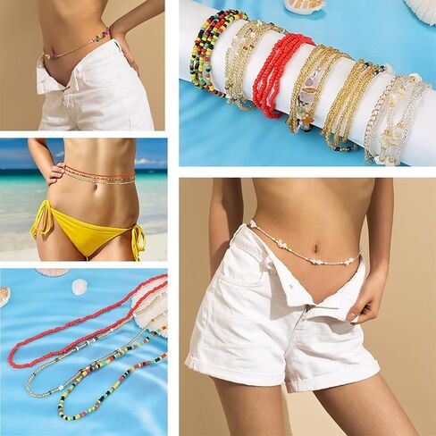 SAILIMUE 6 قطع سلاسل خرز الخصر للبطن للنساء سلاسل الخصر القابلة للتعديل أحجار ملونة مرنة أفريقية مثيرة بيكيني الشاطئ سلاسل الجسم مجوهرات الجسم in Kuwait