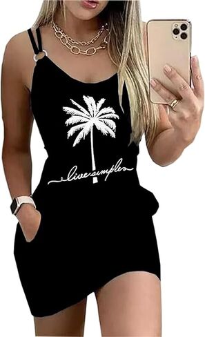 Live Simple Coconut Tree Mini Summer Dress for Women 2024 Vacation Tunic Sundress Sleeveless Casual Beach Tank Dresses in Saudi Arabia