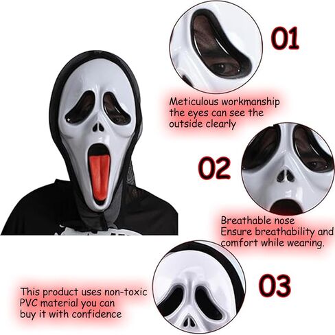 ADWOA 2 قطعة قناع صرخة الهالوين شبح مخيف قناع الوجه الكامل Ghostface قناع مخيف الوجه شبح مهرجان الصراخ قناع in Kuwait