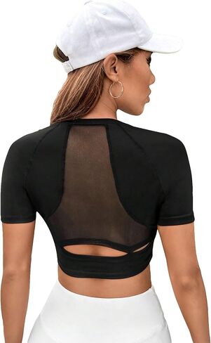 Floerns Women's Contrast Mesh Short Sleeve Cut Out Athletic Sports Tee Top in Saudi Arabia