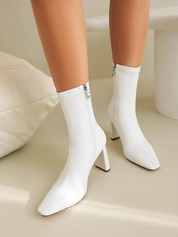 حذاء نسائي من TAEPUSR بمنتصف الساق ومقدمة مربعة وكعب مكتنز وكعب طويل للكاحل، حذاء طويل قابل للتمدد مع سحاب جانبي in Kuwait