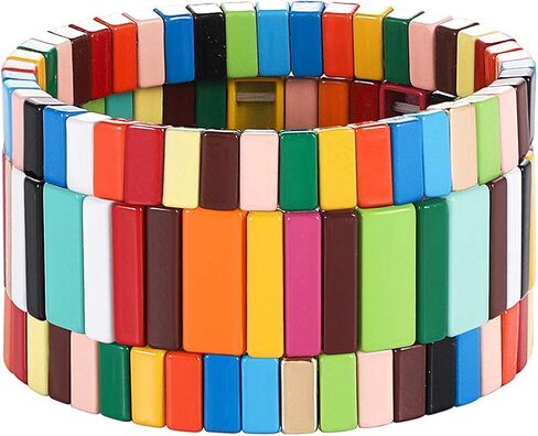 PHALIN Enamel Tile Bracelets Rainbow Tile Bead Bracelet for Women Men Elastic Stackable Colorblock Strand Stretch Bracelet Set Handmade Bohemia Laying Bracelets for Girls in Saudi Arabia