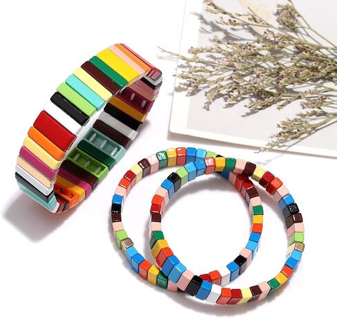 PHALIN Enamel Tile Bracelets Rainbow Tile Bead Bracelet for Women Men Elastic Stackable Colorblock Strand Stretch Bracelet Set Handmade Bohemia Laying Bracelets for Girls in Saudi Arabia
