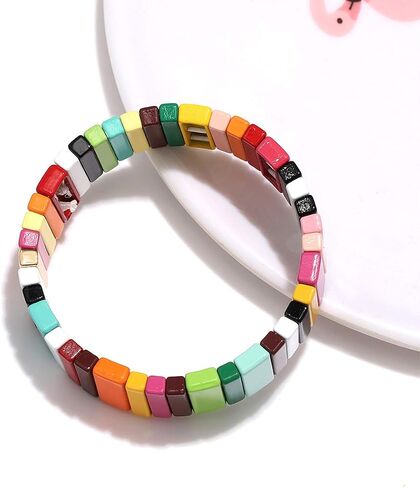 PHALIN Enamel Tile Bracelets Rainbow Tile Bead Bracelet for Women Men Elastic Stackable Colorblock Strand Stretch Bracelet Set Handmade Bohemia Laying Bracelets for Girls in Saudi Arabia