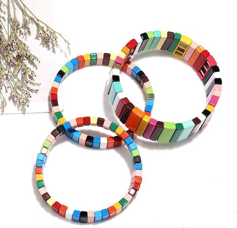 PHALIN Enamel Tile Bracelets Rainbow Tile Bead Bracelet for Women Men Elastic Stackable Colorblock Strand Stretch Bracelet Set Handmade Bohemia Laying Bracelets for Girls in Saudi Arabia