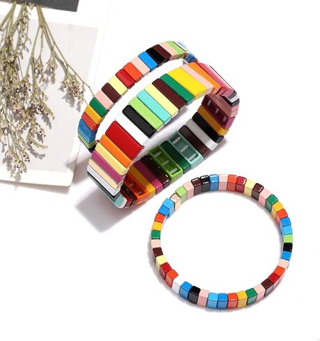 PHALIN Enamel Tile Bracelets Rainbow Tile Bead Bracelet for Women Men Elastic Stackable Colorblock Strand Stretch Bracelet Set Handmade Bohemia Laying Bracelets for Girls in Saudi Arabia