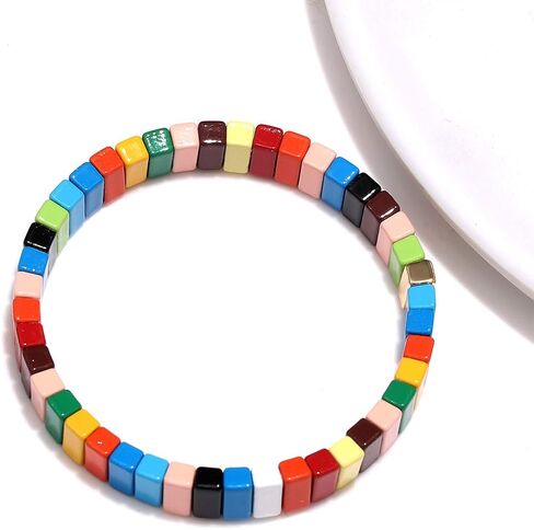 PHALIN Enamel Tile Bracelets Rainbow Tile Bead Bracelet for Women Men Elastic Stackable Colorblock Strand Stretch Bracelet Set Handmade Bohemia Laying Bracelets for Girls in Saudi Arabia