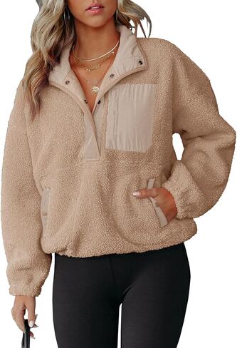 سترة Doshoop النسائية المصنوعة من الصوف الشيربا كاجوال ناعمة بأكمام طويلة مع جيوب باللون الكاكي in Kuwait