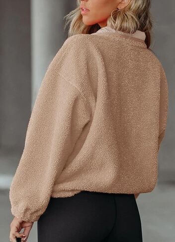 سترة Doshoop النسائية المصنوعة من الصوف الشيربا كاجوال ناعمة بأكمام طويلة مع جيوب باللون الكاكي in Kuwait