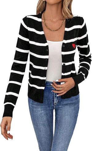 سترات SweatyRocks النسائية المخططة بأكمام طويلة وأزرار سفلية مفتوحة من الأمام ورقبة على شكل V ملابس خارجية متماسكة in Saudi Arabia