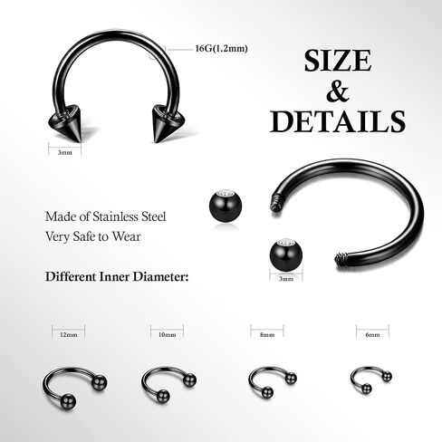 Dochais 48Pcs Septum Rings 16G Septum Jewelry Horseshoe Septum Ring Stainless Steel Septum Piercing Jewelry Eyebrow Tragus Daith Helix Piercing Lip Horseshoe Piercing for Women Men, Stainless Steel, in Kuwait
