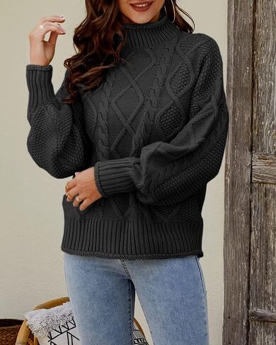 Womens Turtleneck Oversized Pullover Sweaters Cable Knit Batwing Long Sleeve Loose Fit Chunky Jumper Tops in Kuwait