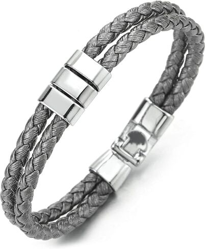 COOLSTEELANDBEYOND Two-row Silvery Grey Braided Leather Bracelet for Mens Womens, Polished Ornaments in Saudi Arabia