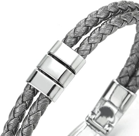 COOLSTEELANDBEYOND Two-row Silvery Grey Braided Leather Bracelet for Mens Womens, Polished Ornaments in Saudi Arabia