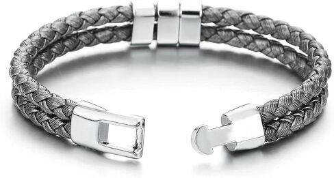COOLSTEELANDBEYOND Two-row Silvery Grey Braided Leather Bracelet for Mens Womens, Polished Ornaments in Saudi Arabia
