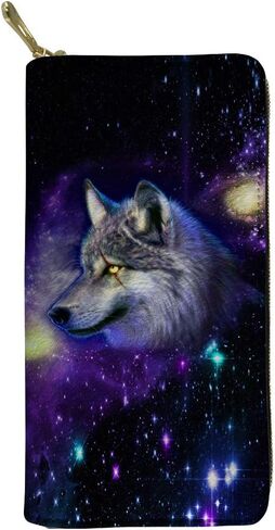 محفظة نسائية من Poceacles Galaxy Space Wolf Print، محفظة نقود جلدية طويلة متينة، حقيبة حامل بطاقات مقاومة للماء بسحاب حولها in Kuwait