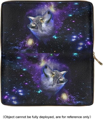 محفظة نسائية من Poceacles Galaxy Space Wolf Print، محفظة نقود جلدية طويلة متينة، حقيبة حامل بطاقات مقاومة للماء بسحاب حولها in Kuwait