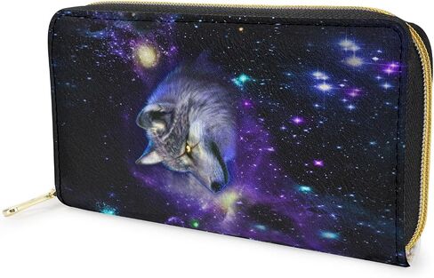 محفظة نسائية من Poceacles Galaxy Space Wolf Print، محفظة نقود جلدية طويلة متينة، حقيبة حامل بطاقات مقاومة للماء بسحاب حولها in Kuwait