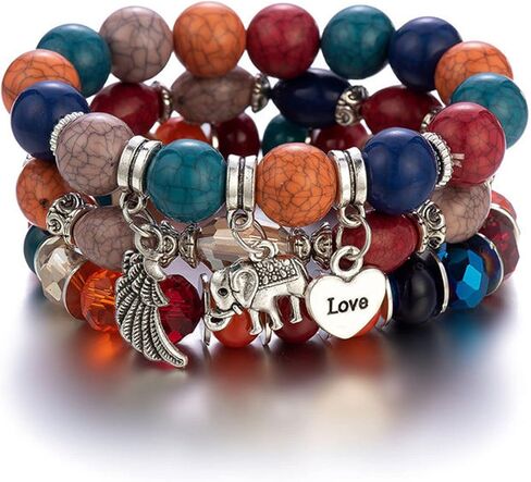 Caiyao Bohemian Stackable Wood Wooden Beads Elephant Charm Tassel Stretchy Bracelet Set for Women Men Girl Boy Teen Multilayered Multicolor Acrylic Resin Seeds Bracelet Ethnic Jewelry Gift in Saudi Arabia