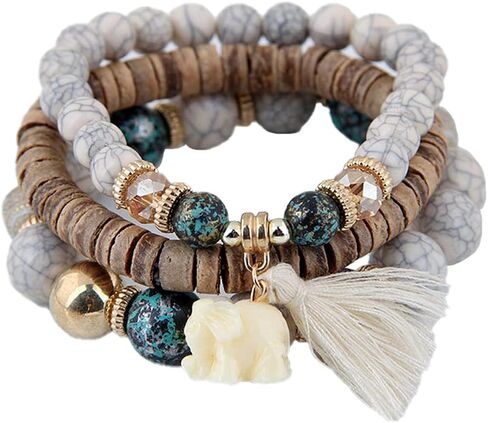 Caiyao Bohemian Stackable Wood Wooden Beads Elephant Charm Tassel Stretchy Bracelet Set for Women Men Girl Boy Teen Multilayered Multicolor Acrylic Resin Seeds Bracelet Ethnic Jewelry Gift in Saudi Arabia